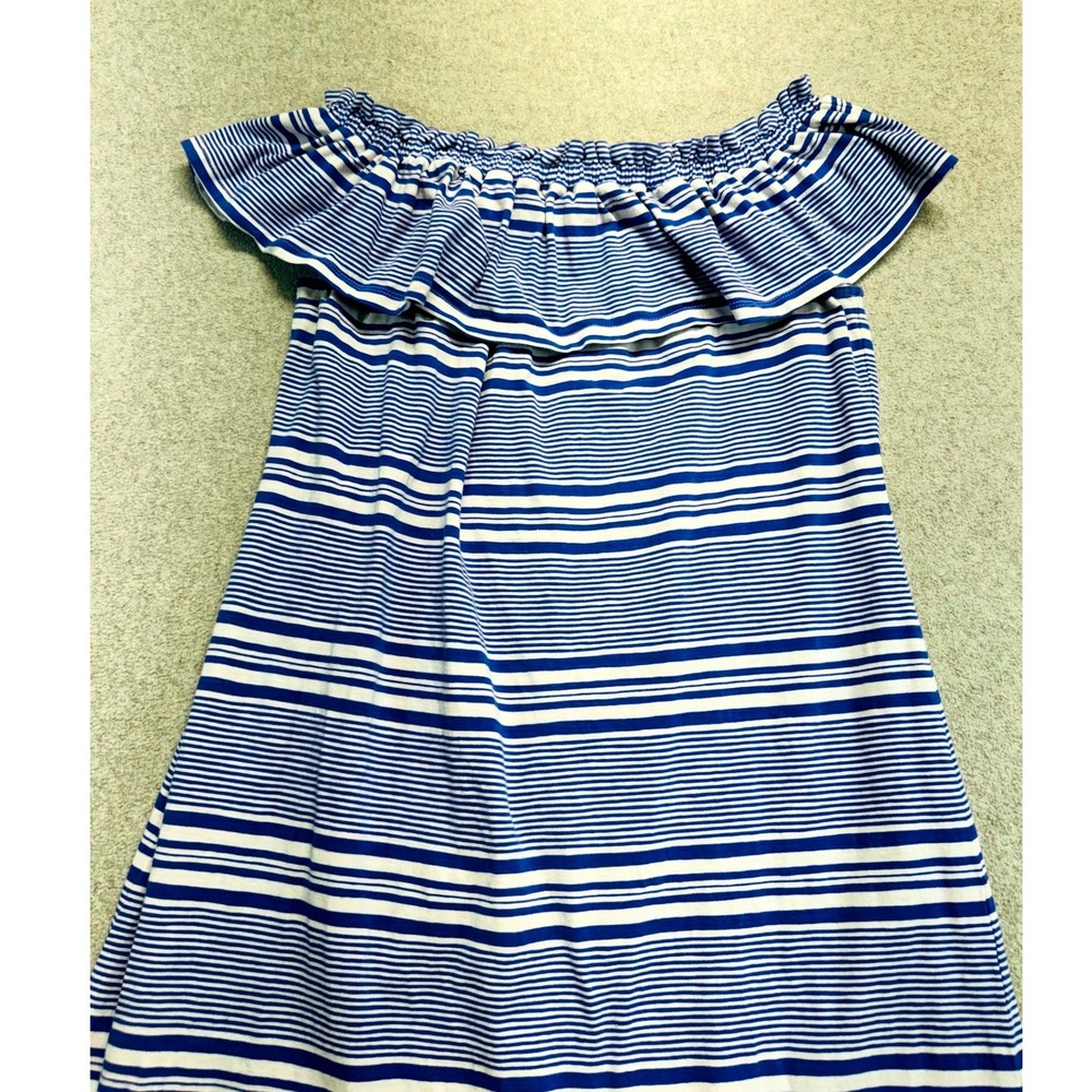 Vineyard Vines Ruffle Dress Womens Small Blue White Striped Off The Shoulder